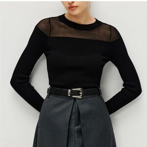 Commence Black Sheer Panel Rib Sweater Top NWT